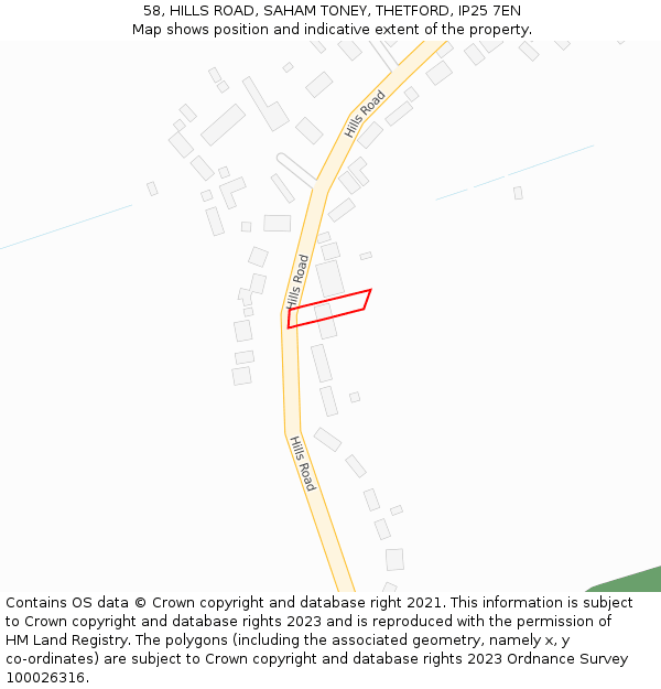 58, HILLS ROAD, SAHAM TONEY, THETFORD, IP25 7EN: Location map and indicative extent of plot