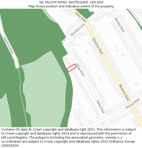 58, HILLTOP ROAD, WHYTELEAFE, CR3 0DD: Location map and indicative extent of plot