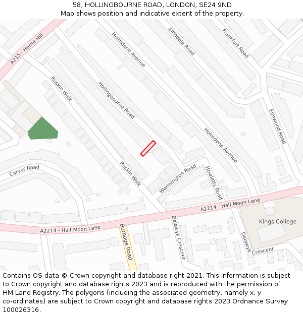 58, HOLLINGBOURNE ROAD, LONDON, SE24 9ND: Location map and indicative extent of plot