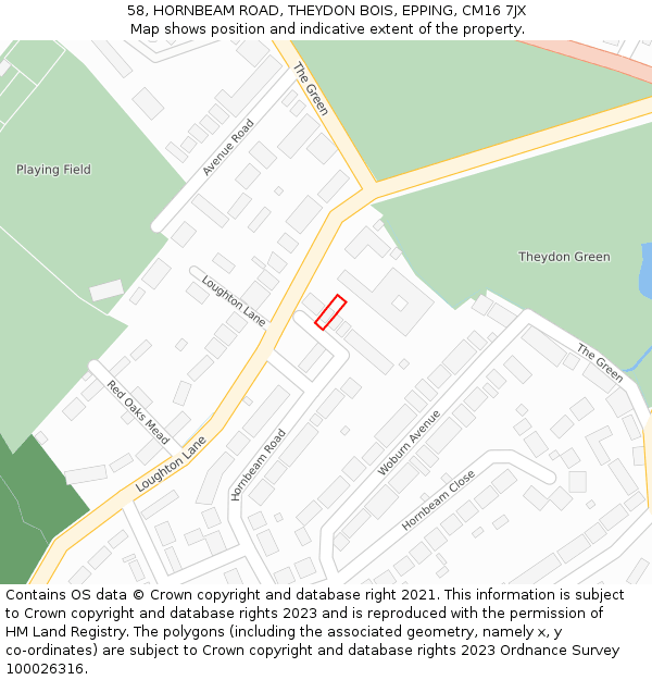 58, HORNBEAM ROAD, THEYDON BOIS, EPPING, CM16 7JX: Location map and indicative extent of plot