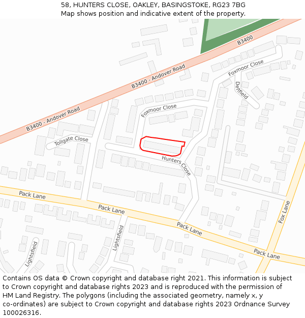 58, HUNTERS CLOSE, OAKLEY, BASINGSTOKE, RG23 7BG: Location map and indicative extent of plot