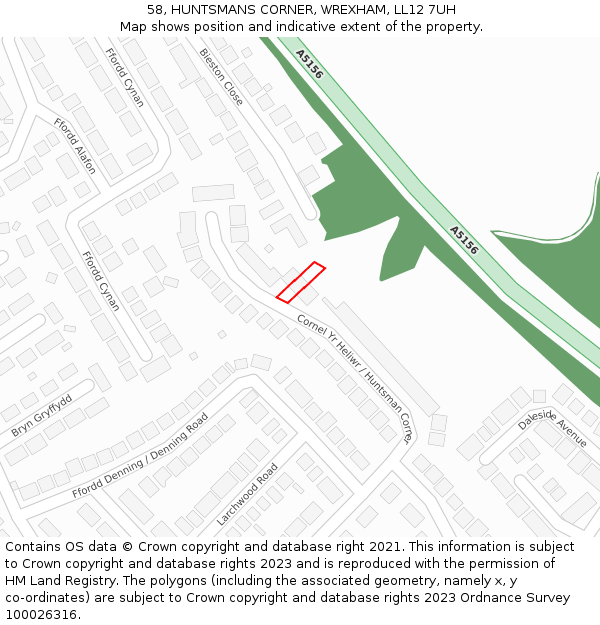 58, HUNTSMANS CORNER, WREXHAM, LL12 7UH: Location map and indicative extent of plot