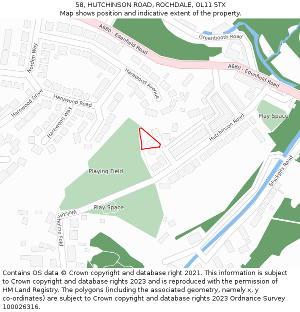 58, HUTCHINSON ROAD, ROCHDALE, OL11 5TX: Location map and indicative extent of plot