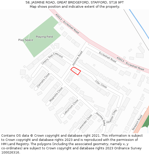 58, JASMINE ROAD, GREAT BRIDGEFORD, STAFFORD, ST18 9PT: Location map and indicative extent of plot