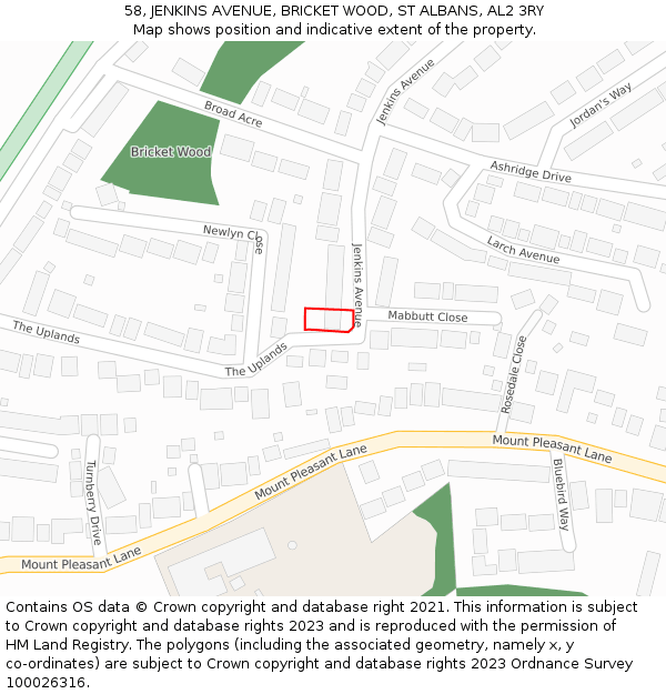 58, JENKINS AVENUE, BRICKET WOOD, ST ALBANS, AL2 3RY: Location map and indicative extent of plot