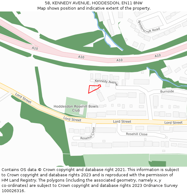 58, KENNEDY AVENUE, HODDESDON, EN11 8NW: Location map and indicative extent of plot