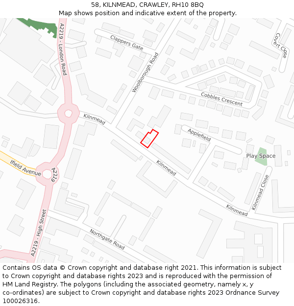 58, KILNMEAD, CRAWLEY, RH10 8BQ: Location map and indicative extent of plot