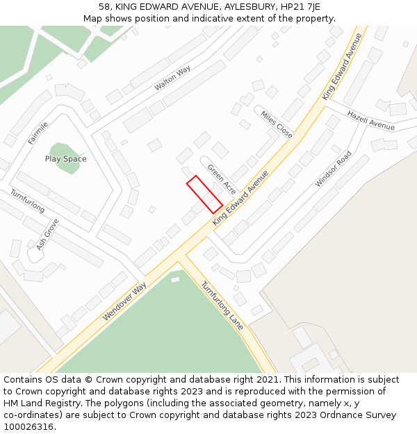 58, KING EDWARD AVENUE, AYLESBURY, HP21 7JE: Location map and indicative extent of plot