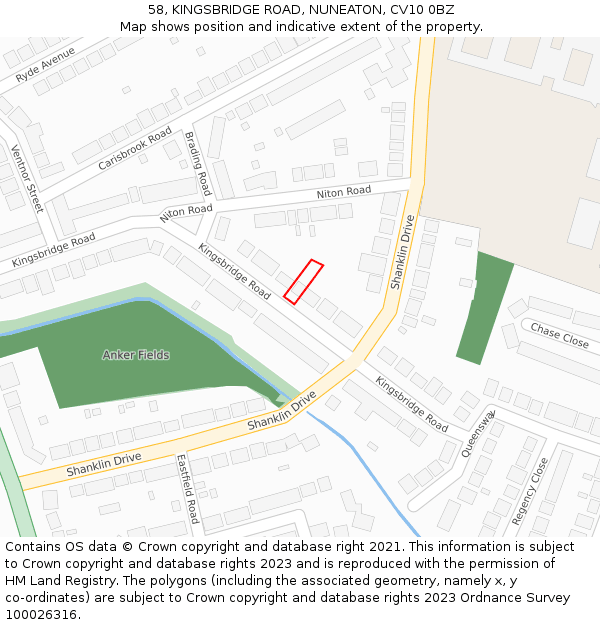 58, KINGSBRIDGE ROAD, NUNEATON, CV10 0BZ: Location map and indicative extent of plot