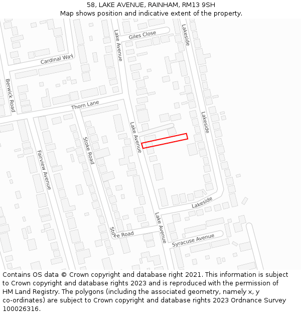 58, LAKE AVENUE, RAINHAM, RM13 9SH: Location map and indicative extent of plot