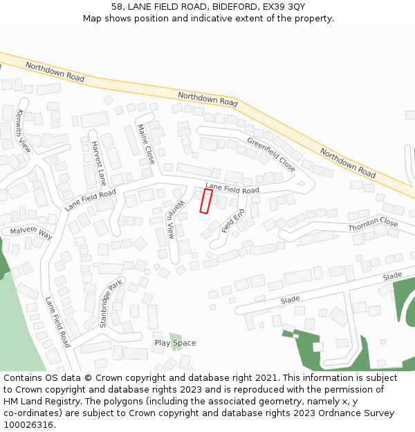 58, LANE FIELD ROAD, BIDEFORD, EX39 3QY: Location map and indicative extent of plot