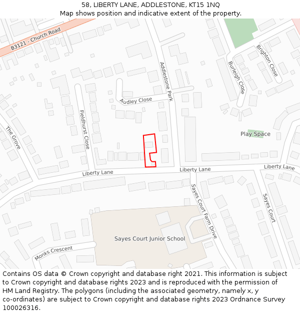 58, LIBERTY LANE, ADDLESTONE, KT15 1NQ: Location map and indicative extent of plot