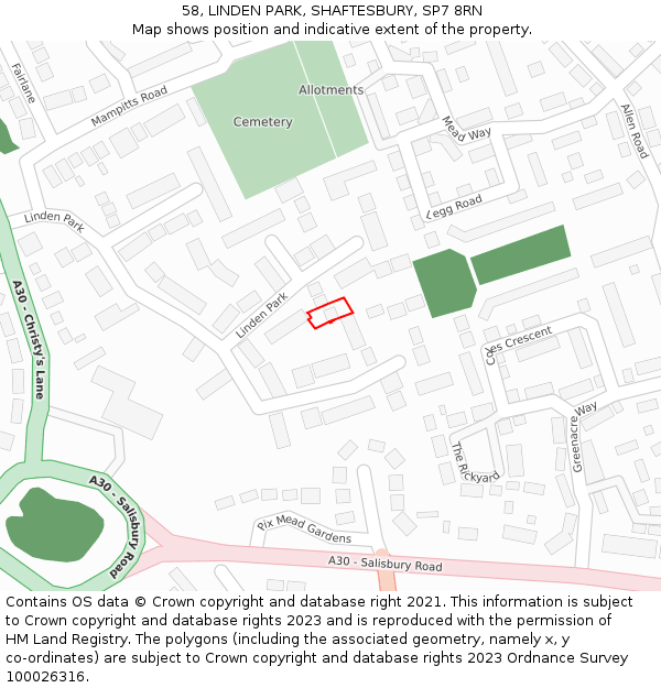 58, LINDEN PARK, SHAFTESBURY, SP7 8RN: Location map and indicative extent of plot