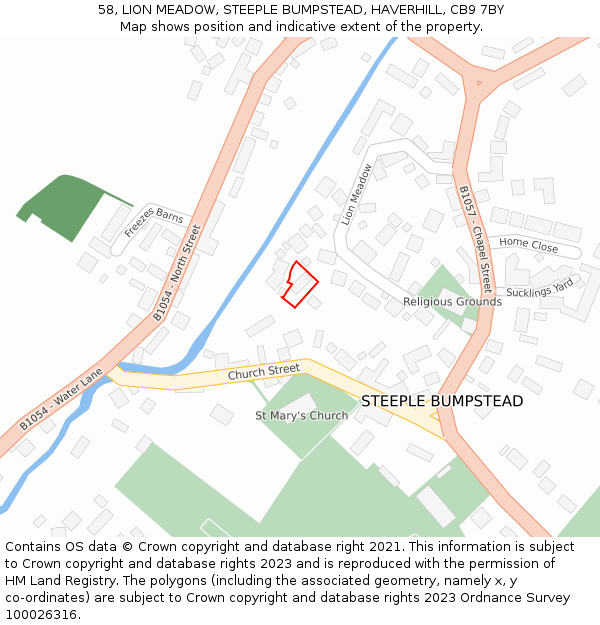 58, LION MEADOW, STEEPLE BUMPSTEAD, HAVERHILL, CB9 7BY: Location map and indicative extent of plot