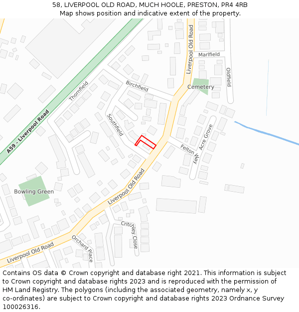 58, LIVERPOOL OLD ROAD, MUCH HOOLE, PRESTON, PR4 4RB: Location map and indicative extent of plot