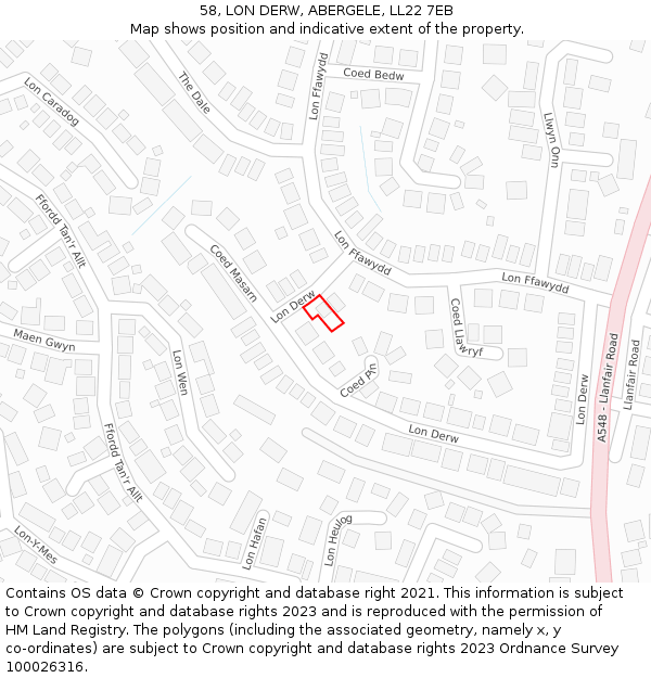 58, LON DERW, ABERGELE, LL22 7EB: Location map and indicative extent of plot