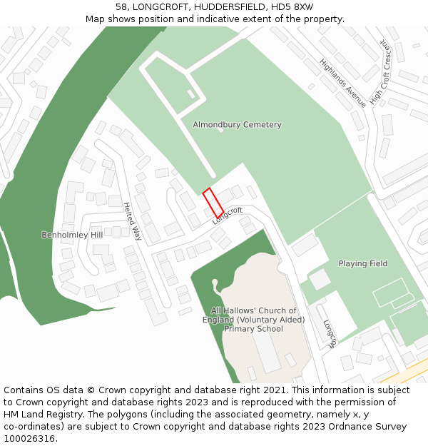 58, LONGCROFT, HUDDERSFIELD, HD5 8XW: Location map and indicative extent of plot