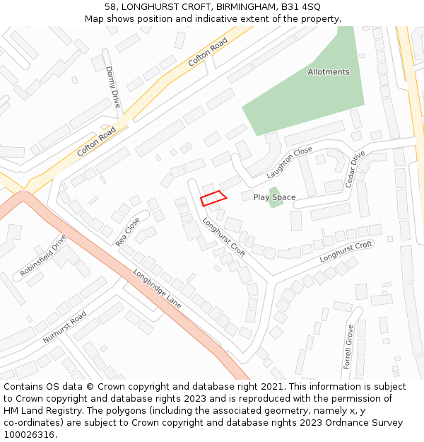 58, LONGHURST CROFT, BIRMINGHAM, B31 4SQ: Location map and indicative extent of plot