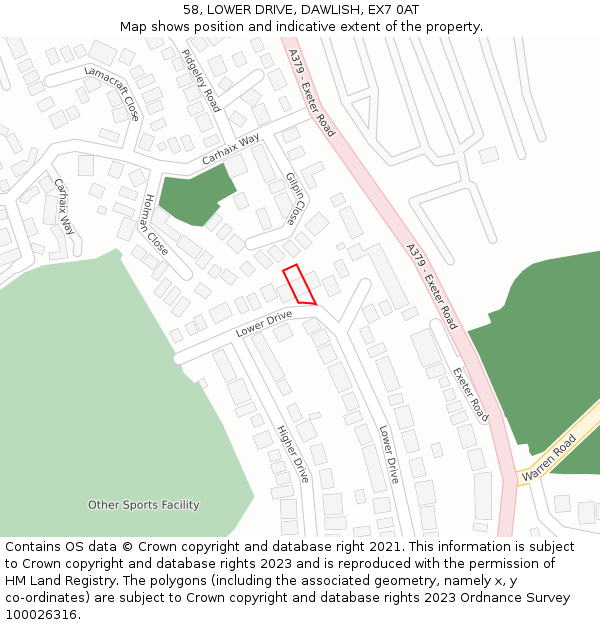 58, LOWER DRIVE, DAWLISH, EX7 0AT: Location map and indicative extent of plot