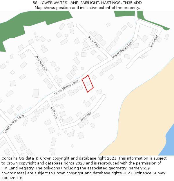 58, LOWER WAITES LANE, FAIRLIGHT, HASTINGS, TN35 4DD: Location map and indicative extent of plot