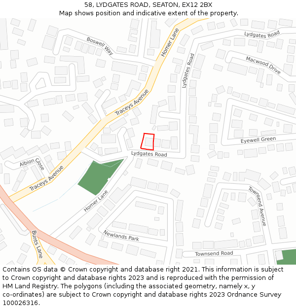 58, LYDGATES ROAD, SEATON, EX12 2BX: Location map and indicative extent of plot