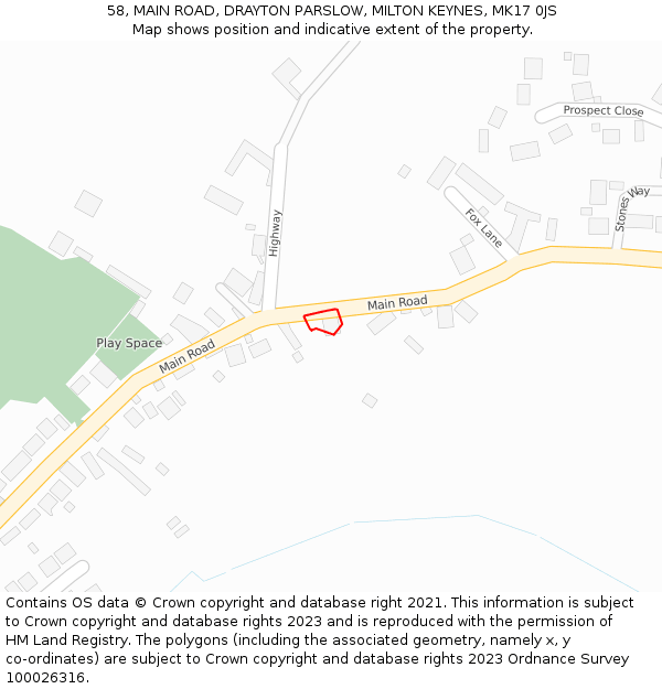 58, MAIN ROAD, DRAYTON PARSLOW, MILTON KEYNES, MK17 0JS: Location map and indicative extent of plot