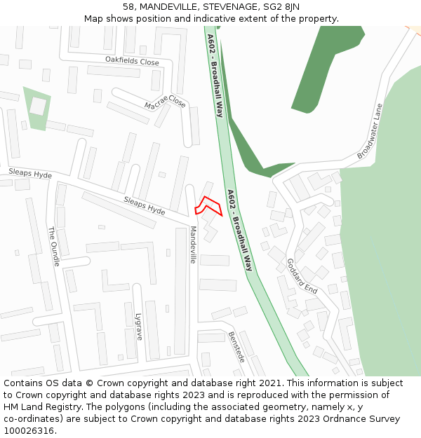 58, MANDEVILLE, STEVENAGE, SG2 8JN: Location map and indicative extent of plot