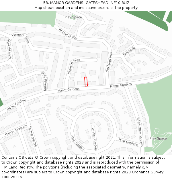 58, MANOR GARDENS, GATESHEAD, NE10 8UZ: Location map and indicative extent of plot