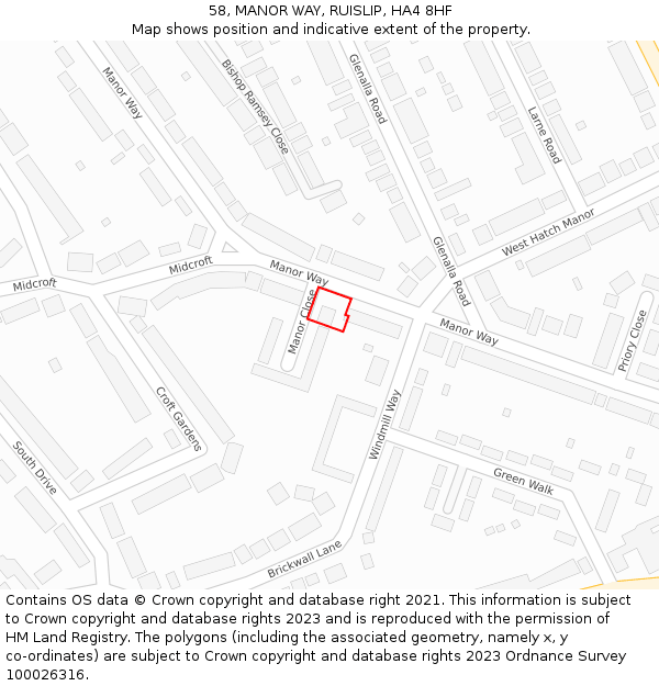 58, MANOR WAY, RUISLIP, HA4 8HF: Location map and indicative extent of plot