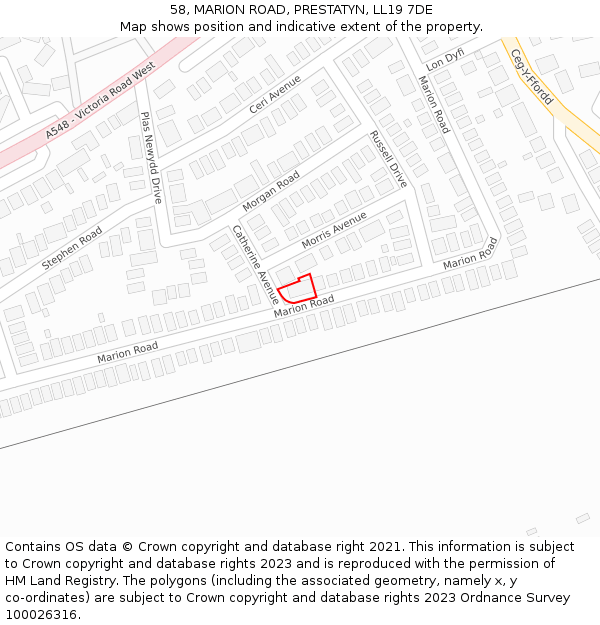 58, MARION ROAD, PRESTATYN, LL19 7DE: Location map and indicative extent of plot