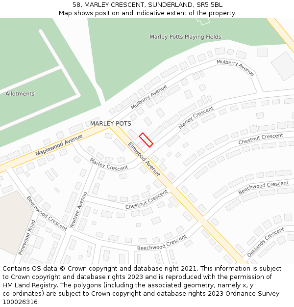 58, MARLEY CRESCENT, SUNDERLAND, SR5 5BL: Location map and indicative extent of plot