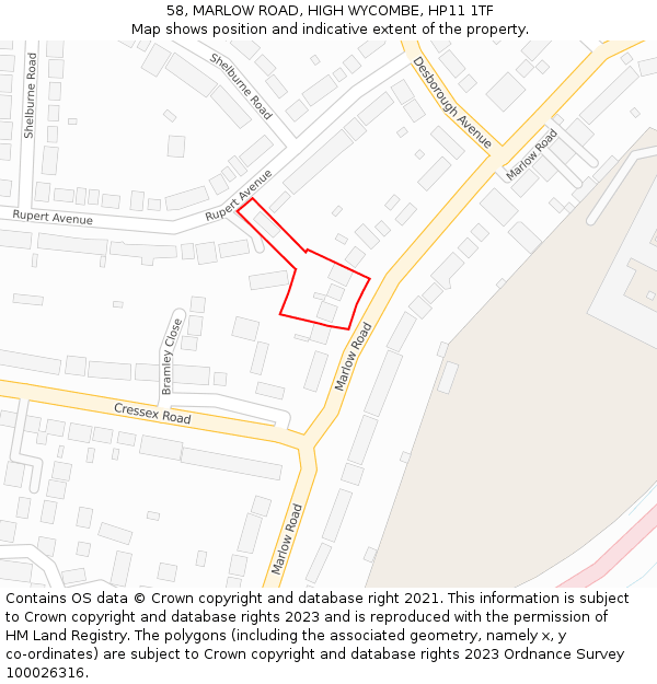 58, MARLOW ROAD, HIGH WYCOMBE, HP11 1TF: Location map and indicative extent of plot