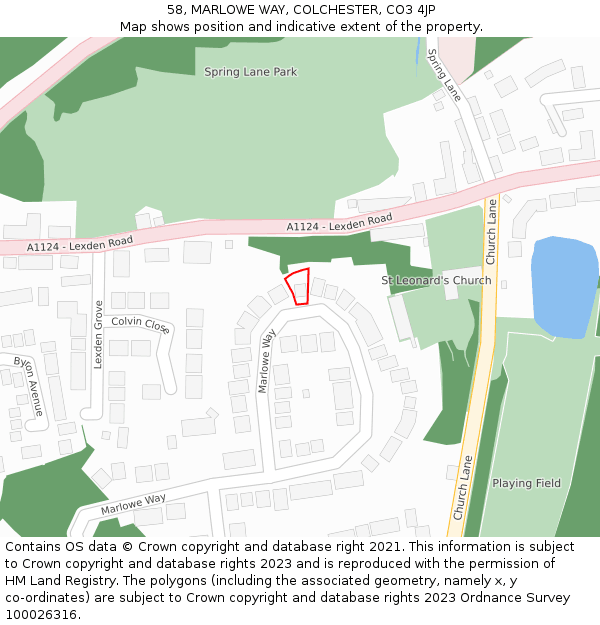 58, MARLOWE WAY, COLCHESTER, CO3 4JP: Location map and indicative extent of plot