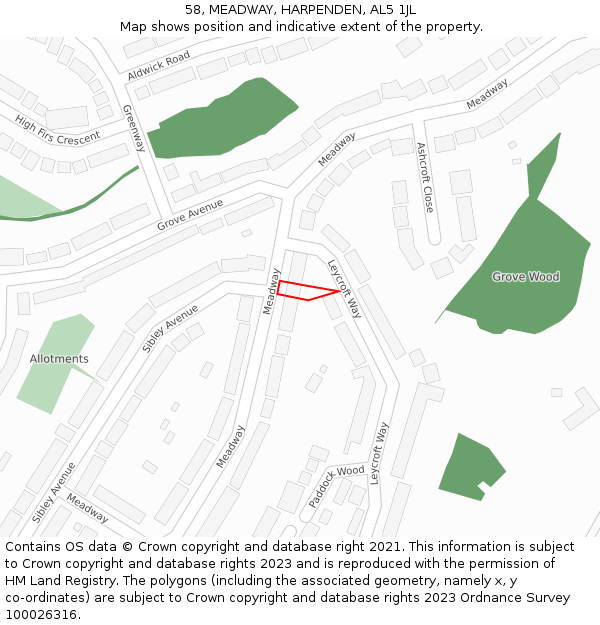 58, MEADWAY, HARPENDEN, AL5 1JL: Location map and indicative extent of plot