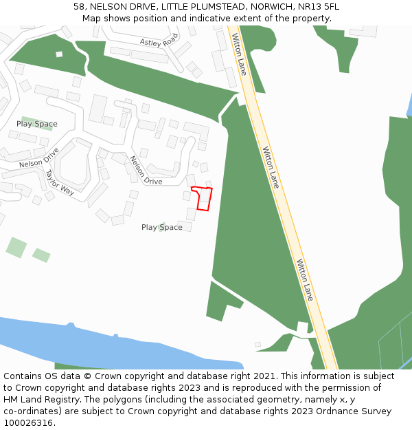 58, NELSON DRIVE, LITTLE PLUMSTEAD, NORWICH, NR13 5FL: Location map and indicative extent of plot