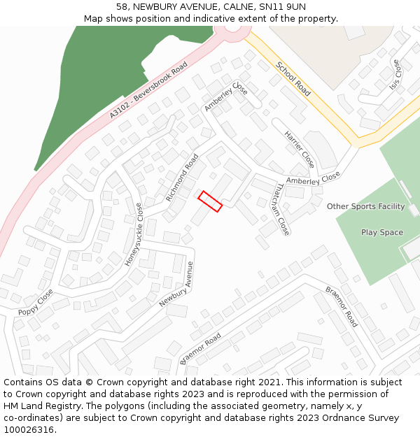 58, NEWBURY AVENUE, CALNE, SN11 9UN: Location map and indicative extent of plot