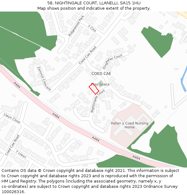 58, NIGHTINGALE COURT, LLANELLI, SA15 1HU: Location map and indicative extent of plot