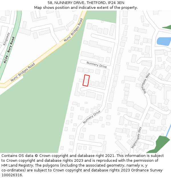 58, NUNNERY DRIVE, THETFORD, IP24 3EN: Location map and indicative extent of plot