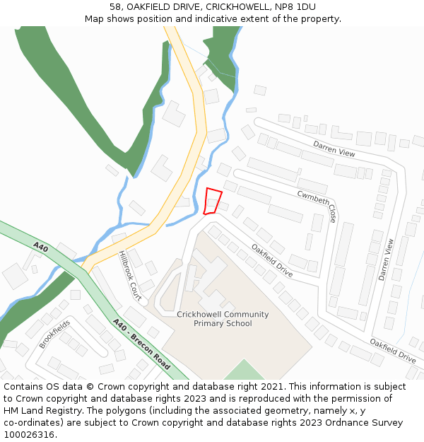 58, OAKFIELD DRIVE, CRICKHOWELL, NP8 1DU: Location map and indicative extent of plot