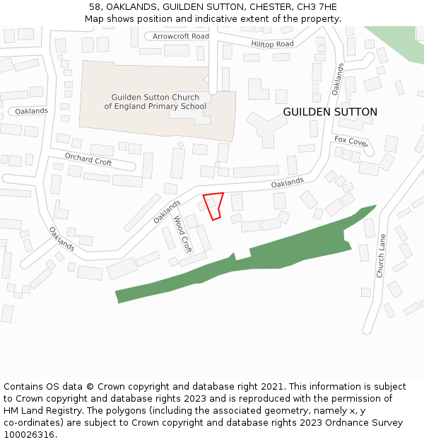 58, OAKLANDS, GUILDEN SUTTON, CHESTER, CH3 7HE: Location map and indicative extent of plot