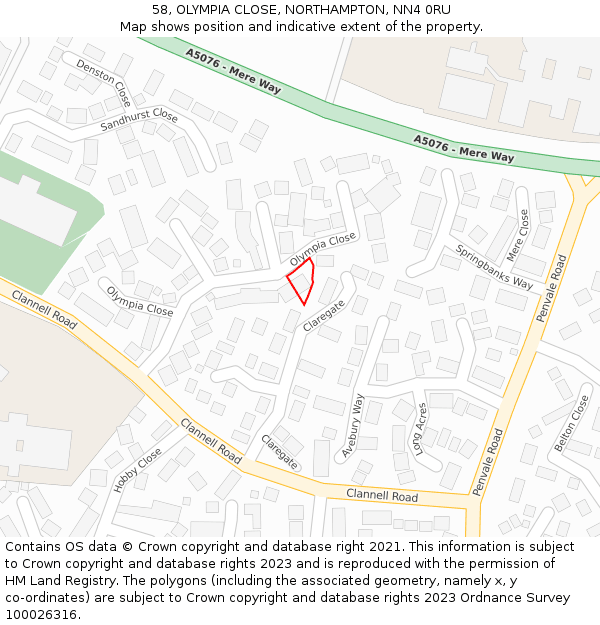 58, OLYMPIA CLOSE, NORTHAMPTON, NN4 0RU: Location map and indicative extent of plot