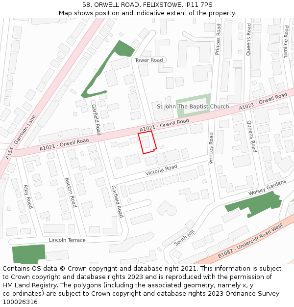 58, ORWELL ROAD, FELIXSTOWE, IP11 7PS: Location map and indicative extent of plot