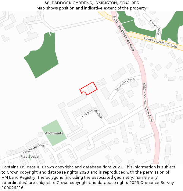 58, PADDOCK GARDENS, LYMINGTON, SO41 9ES: Location map and indicative extent of plot