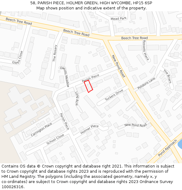 58, PARISH PIECE, HOLMER GREEN, HIGH WYCOMBE, HP15 6SP: Location map and indicative extent of plot
