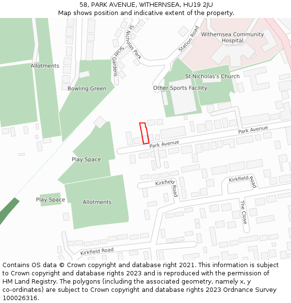 58, PARK AVENUE, WITHERNSEA, HU19 2JU: Location map and indicative extent of plot