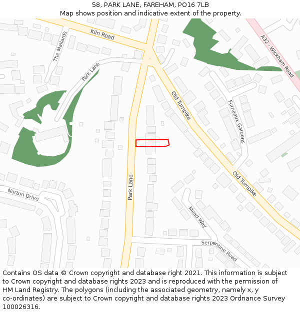 58, PARK LANE, FAREHAM, PO16 7LB: Location map and indicative extent of plot