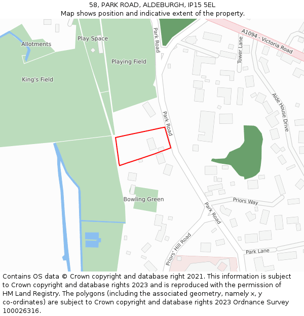58, PARK ROAD, ALDEBURGH, IP15 5EL: Location map and indicative extent of plot