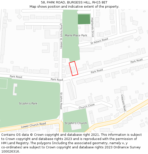 58, PARK ROAD, BURGESS HILL, RH15 8ET: Location map and indicative extent of plot