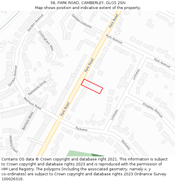 58, PARK ROAD, CAMBERLEY, GU15 2SN: Location map and indicative extent of plot
