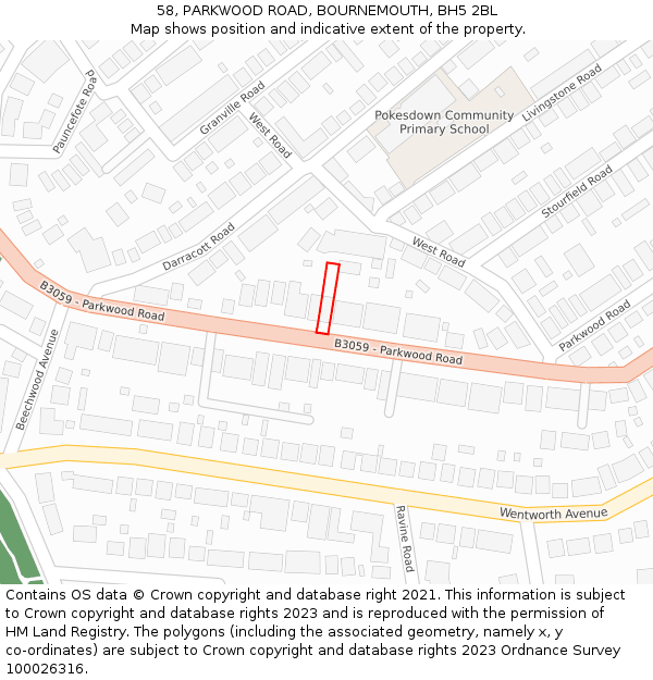 58, PARKWOOD ROAD, BOURNEMOUTH, BH5 2BL: Location map and indicative extent of plot